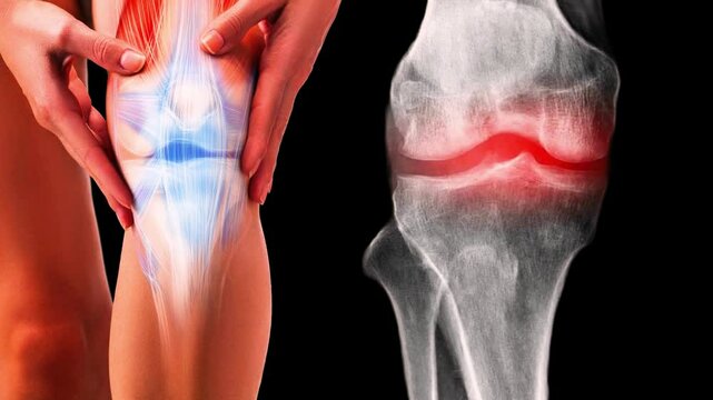 Knee painful zone, OA knee x-ray image footage with close up knee joint and red hight light