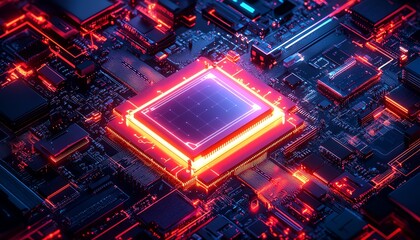 Obraz premium Futuristic digital environment with glowing icons for data exchange and analysis, vibrant neon connections, hightech symbols, fast data flow, sleek modern technology design