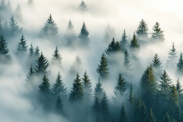 Obraz premium Serene Misty Forest Landscape with Pine Trees and Ethereal Fog in a Wooded Area Capturing Nature s Tranquility and Beauty