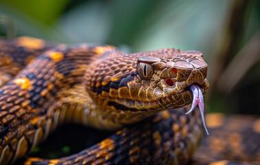 Obraz premium Snake in Leafy Forest with Tongue Flicking Close-Up View
