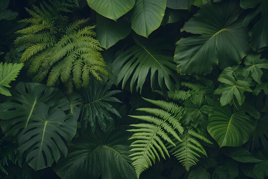 Lush Tropical Paradise: A vibrant tapestry of ferns and monstera leaves, creating a serene jungle scene.