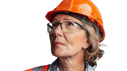 American caucasian senior female engineer with safety helmet on white background
