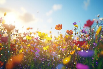 Obraz premium Vibrant Field of Colorful Wildflowers with Sunlight Glimmering Through Petals During a Sunny Day in Spring