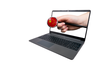 A hand with a medical stethoscope with a head in the form of a Chinese flag sticks out from a laptop, isolated on a white background. Chinese healthcare system concept