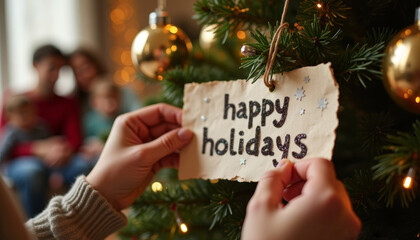 Hands placing ornament with text written happy holidays on Christmas tree. 