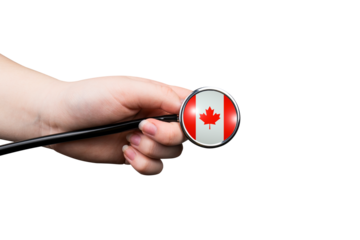 The head of a medical stethoscope in the form of the Canadian flag in a hand (close-up) on a transparent background. Canada's healthcare system concept	
