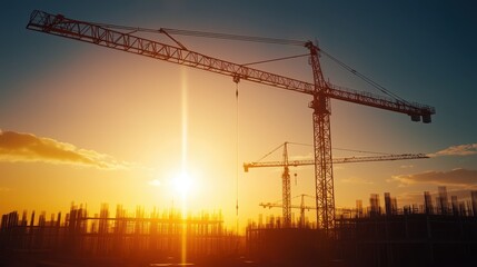 Construction cranes silhouetted against a sunset sky.