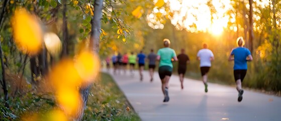 Runners in autumn park at sunset.