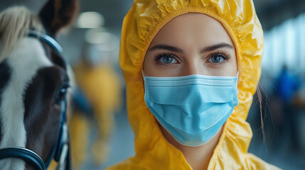 Veterinarian with Horse: Close-up portrait of a focused female veterinarian wearing protective gear, with a horse gently in the background.  A compassionate image showcasing dedication and care. 