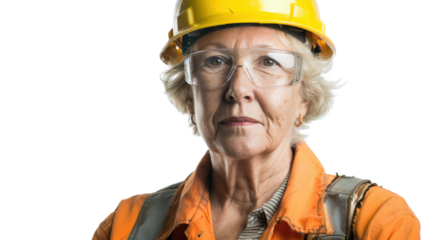 American caucasian senior female engineer with safety helmet on white background
