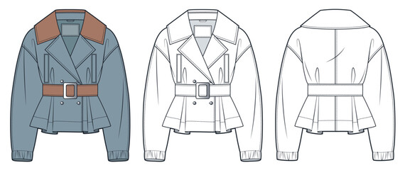 Naklejka premium Belted Jacket technical fashion Illustration. Trench Coat fashion flat technical drawing template, double-breasted, buttons, pockets, front back view, white, blue grey, women, men, unisex CAD mockup.