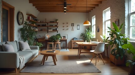 Bright and Stylish Living and Workspace with Indoor Plants and Natural Light