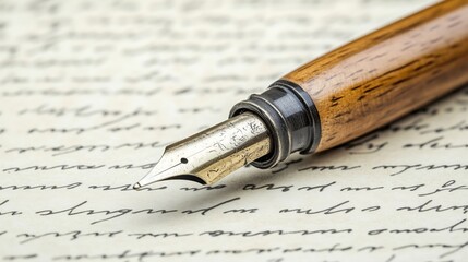 Fototapeta premium A detailed close-up of a fountain pen with a wooden handle resting on handwritten letter paper, evoking a sense of elegance, tradition, and timeless communication