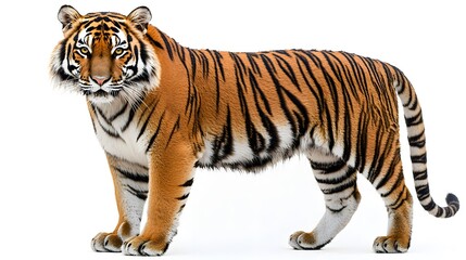 Obraz premium Majestic Bengal Tiger in Profile Stunning Wildlife Photography, Wild Cat, Endangered Species, Orange and Black Stripes, Powerful Animal, Big Cat, Nature Image, Isolated on White Background, Wildlife