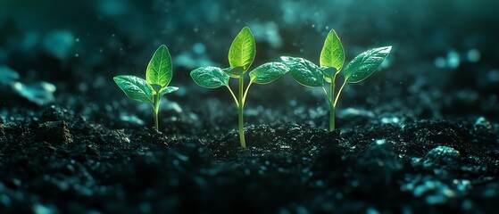 Three young green plants emerging from dark earth, gently illuminated by soft glowing light, symbolizing natures resilience and the beauty of growth in a serene environment
