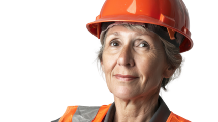 American caucasian senior female engineer with safety helmet on white background
