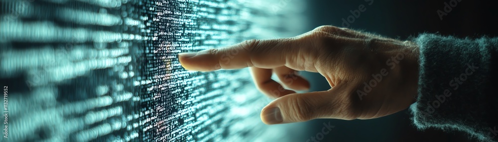 Poster closeup of a hand touching a digital screen with flowing data and complex code, representing the cut
