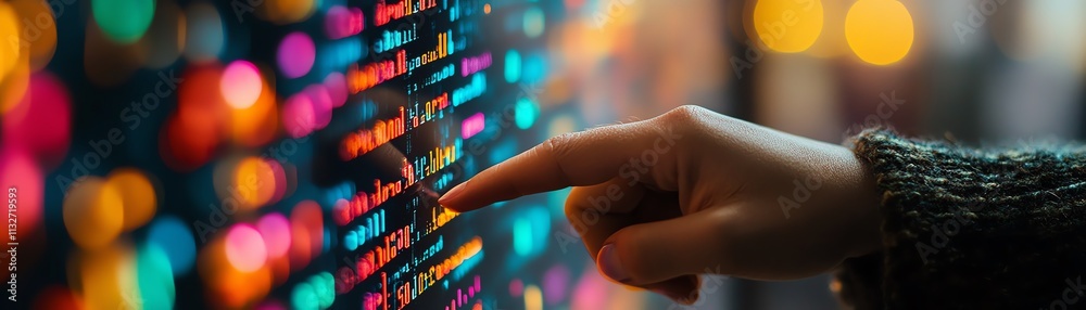 Poster closeup of a hand touching a digital screen with flowing data and complex code, representing the cut