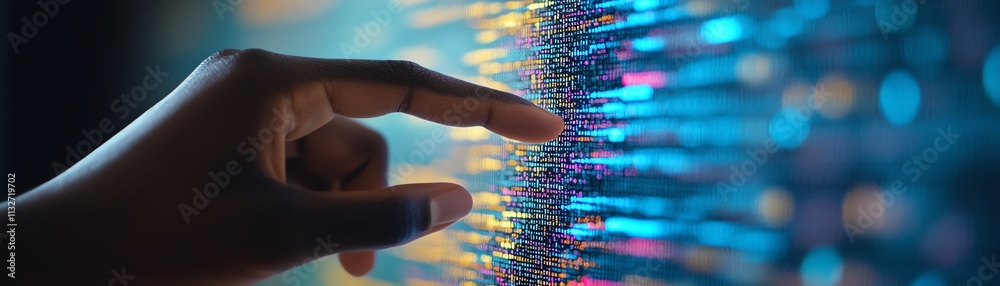 Poster closeup of a hand touching a digital screen with flowing data and complex code, representing the cut