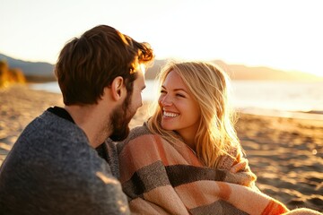 Happy Couple Enjoying Romantic Evening by the Beach at Sunset