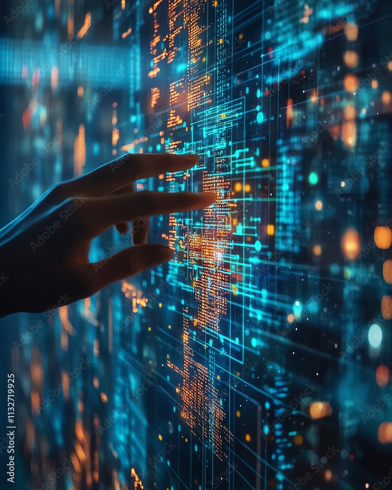 Poster hand hovering over a holographic screen displaying complex data and code, a visual representation of