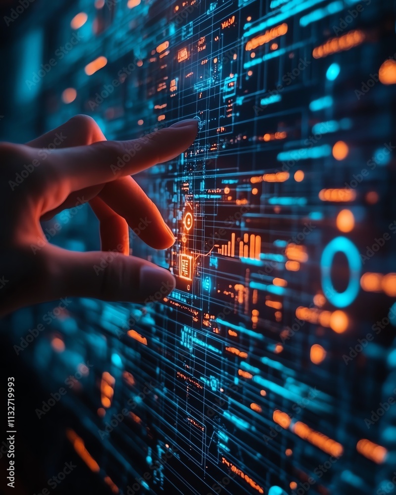 Poster hand hovering over a holographic screen displaying complex data and code, a visual representation of