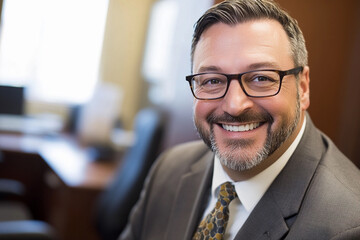 Fototapeta premium Confident man in business attire smiles warmly in office