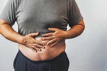 Man with hands on belly showing signs of discomfort
