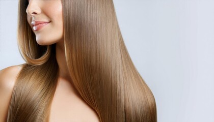 Naklejka premium Beautiful model woman with shiny and straight long hair. Keratin straightening. Treatment, care and spa procedures. Beauty girl smooth hairstyle