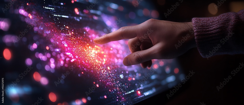 Poster persons hand interacting with a hightech digital screen filled with complex algorithms and live data