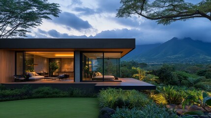 Modern Two-Story House with Wooden Accents Surrounded by Lush Trees, ideal for residential architecture and real estate marketing Generative AI
