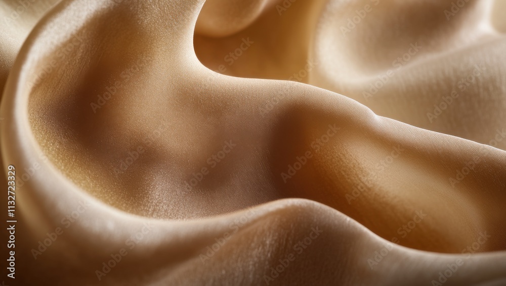 Poster a close-up of the smooth, undulating texture of light brown silk fabric, highlighting its softness a