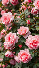 Fototapeta premium Blooming rose bush. Natural floral spring background. spring floral wallpaper. Soft selective focus on rose blossoms, pixel art, with white tones