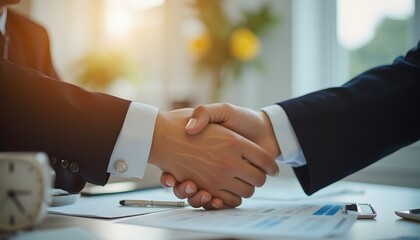 Business professionals shaking hands to seal a deal in an office setting with a clock and flowers in the background during daylight