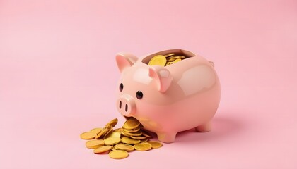 Broken piggy bank spills golden coins on a soft pink background while revealing savings inside during a financial theme