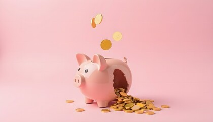 Broken piggy bank spills golden coins on a soft pink background while revealing savings inside during a financial theme
