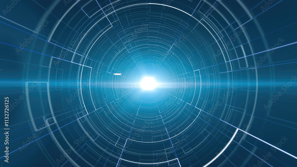 Poster blue digital tunnel with concentric lines and central light source, creating a sense of depth, movem