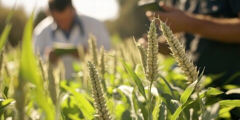 Biotechnological Advancements in Agriculture Close-up of Genetically Modified Wheat Stalks with a Blurred Background of Scientists Assessing the Crop in a Field