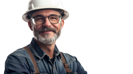 American caucasian middle age male engineer with safety helmet on white background
