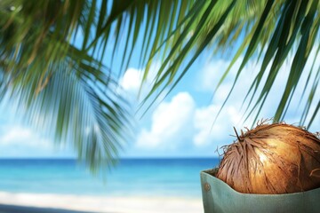 Coconut resting in a green bag with palm leaves framing a tropical beach backdrop