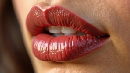 Fototapeta premium Close-Up of Girl's Lips Wearing Mocha Mousse Lipstick Shade. Natural brownish-pink shade with flawless texture. International Women's Day, National Lipstick Day.