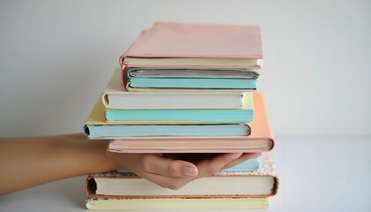 Hand holds stack of colorful books against a light background during a quiet moment of reading