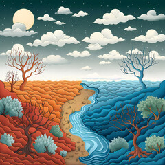 Barren land transitions to a lush, vibrant landscape, symbolizing environmental restoration. A winding river flows through, surrounded by greenery and night skies filled with stars