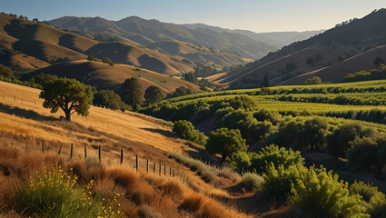 Naklejka premium illustration of a vineyard valley in autumn during the morning