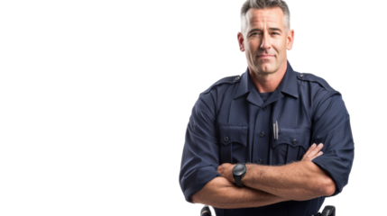 American caucasian middle age male security , confident and arms crossed on white background

