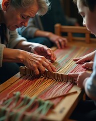 Elderly Mentors Teaching Children Traditional Weaving with Colorful Threads
