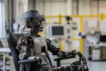 Fototapeta premium A highly advanced assistive robot sits in a workspace, demonstrating the integration of adaptive technology for disabilities