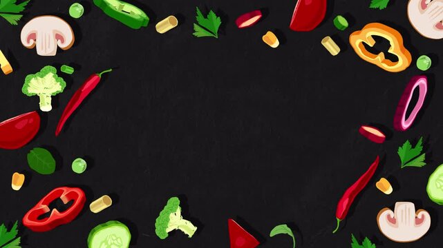 Food frame animation. Vegetable elements rotating on a black dark textured background. Place for titles, recipe text or logo. 3d cartoon loop animation.