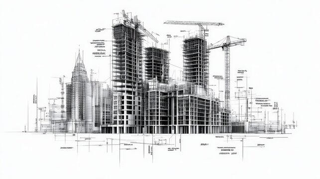 Urban skyline under construction with detailed blueprints, cranes, and high-rise buildings, illustrating modern architectural design and city development