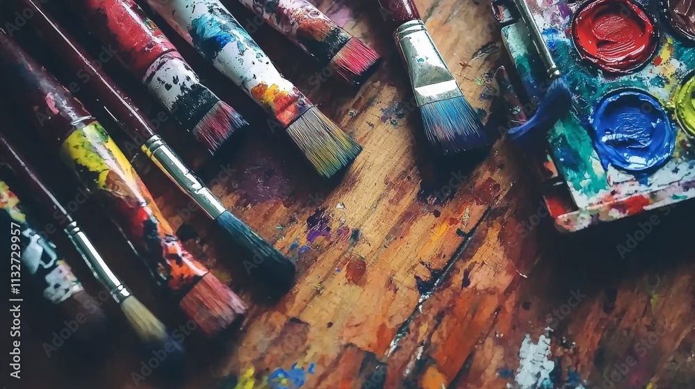Aufkleber Artistic creation tools vibrant studio acrylic paints colorful palette close-up view creative expression impact